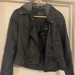 Only worn twice! Medium women’s Deb leather jacket with grey hood.